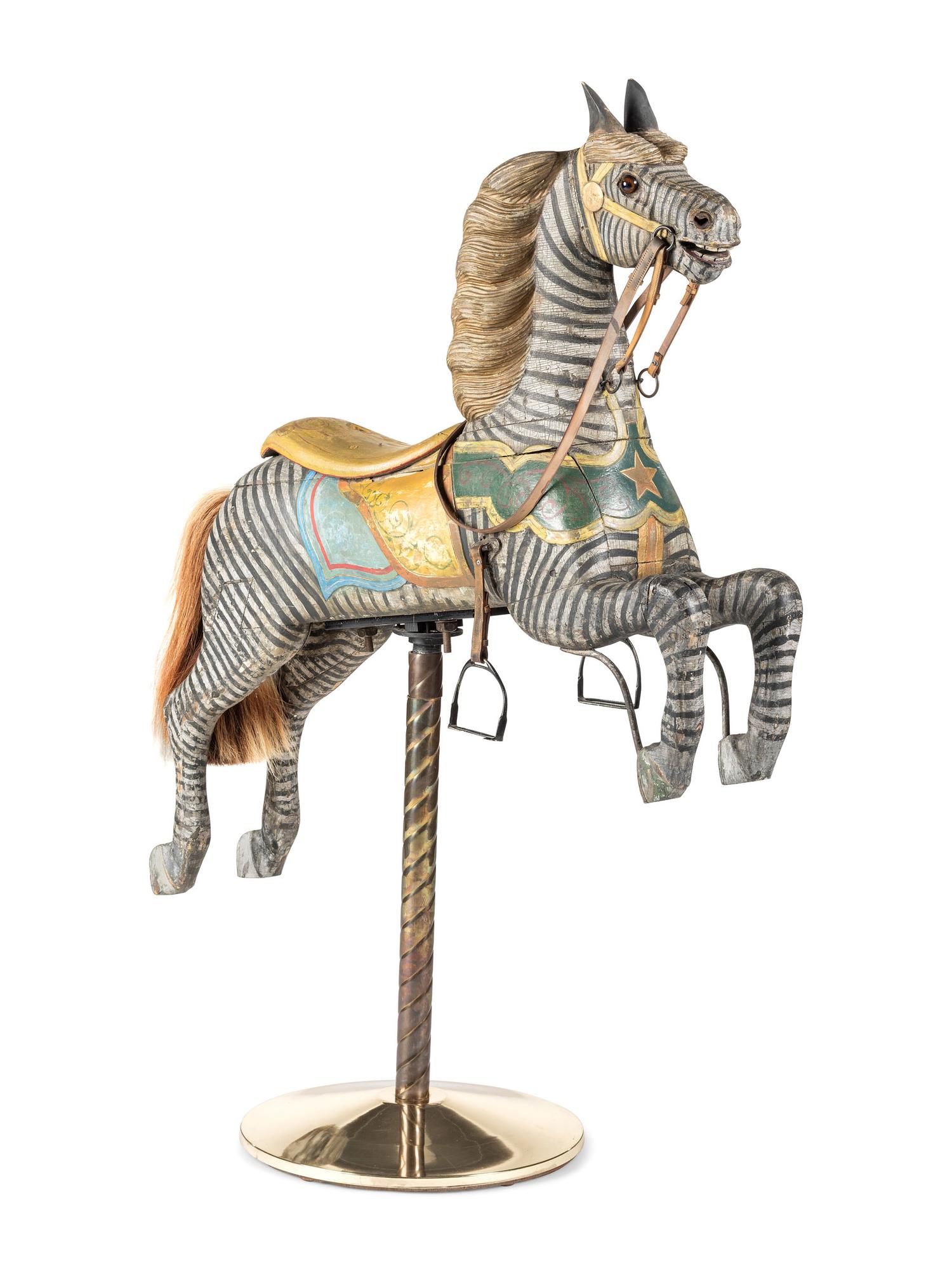 A Glass Inset Carved, Parcel-Gilt and Painted Wood Zebra Carousel Figure