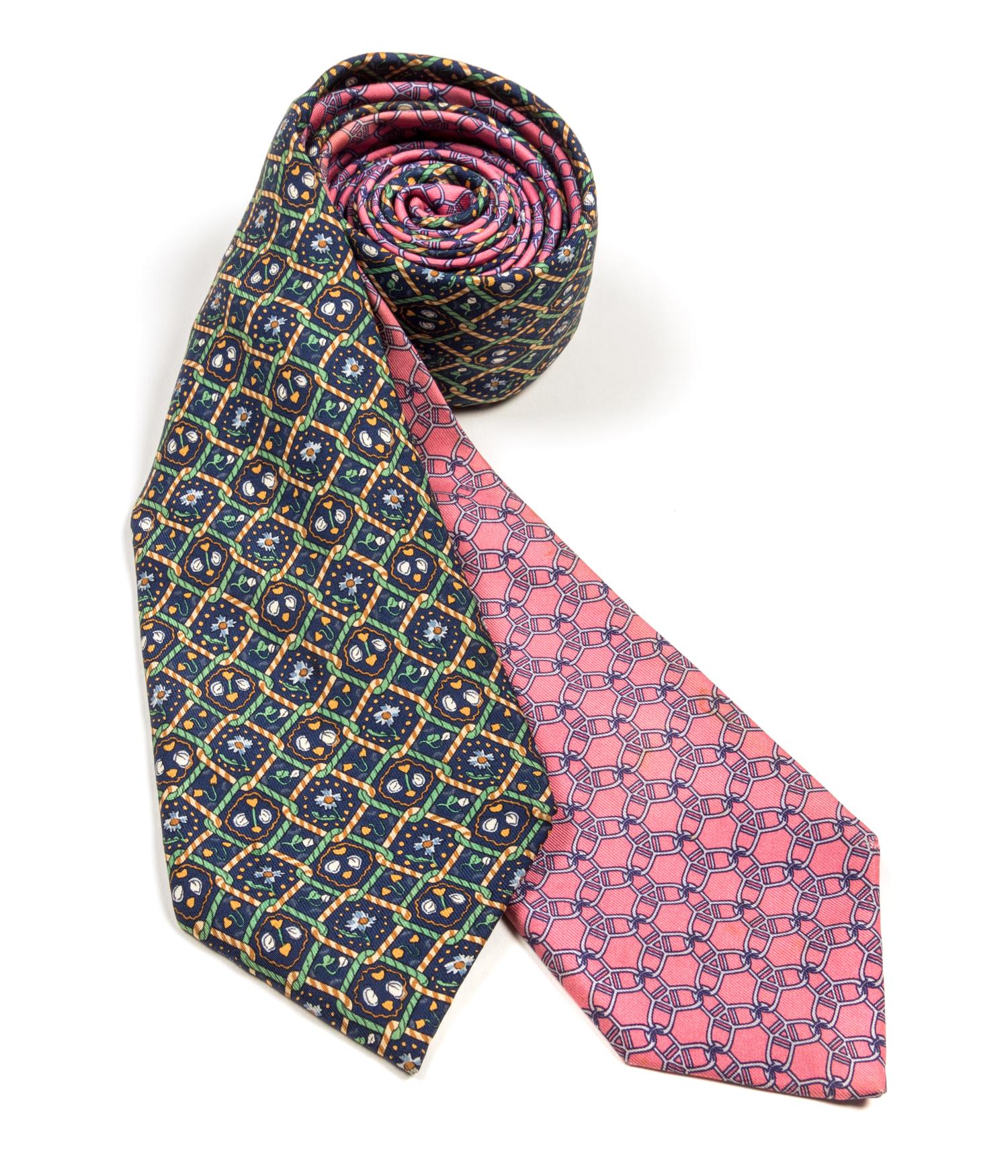A Group of Two Hermes Silk Ties, 3.15" wide.