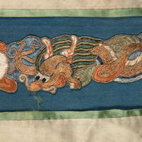 Two Chinese Blue Ground Silk Robes, Late Qing Dynasty 清晚期 藍地盤金繡游龍瑞獸纹道袍及藍地織錦女褂