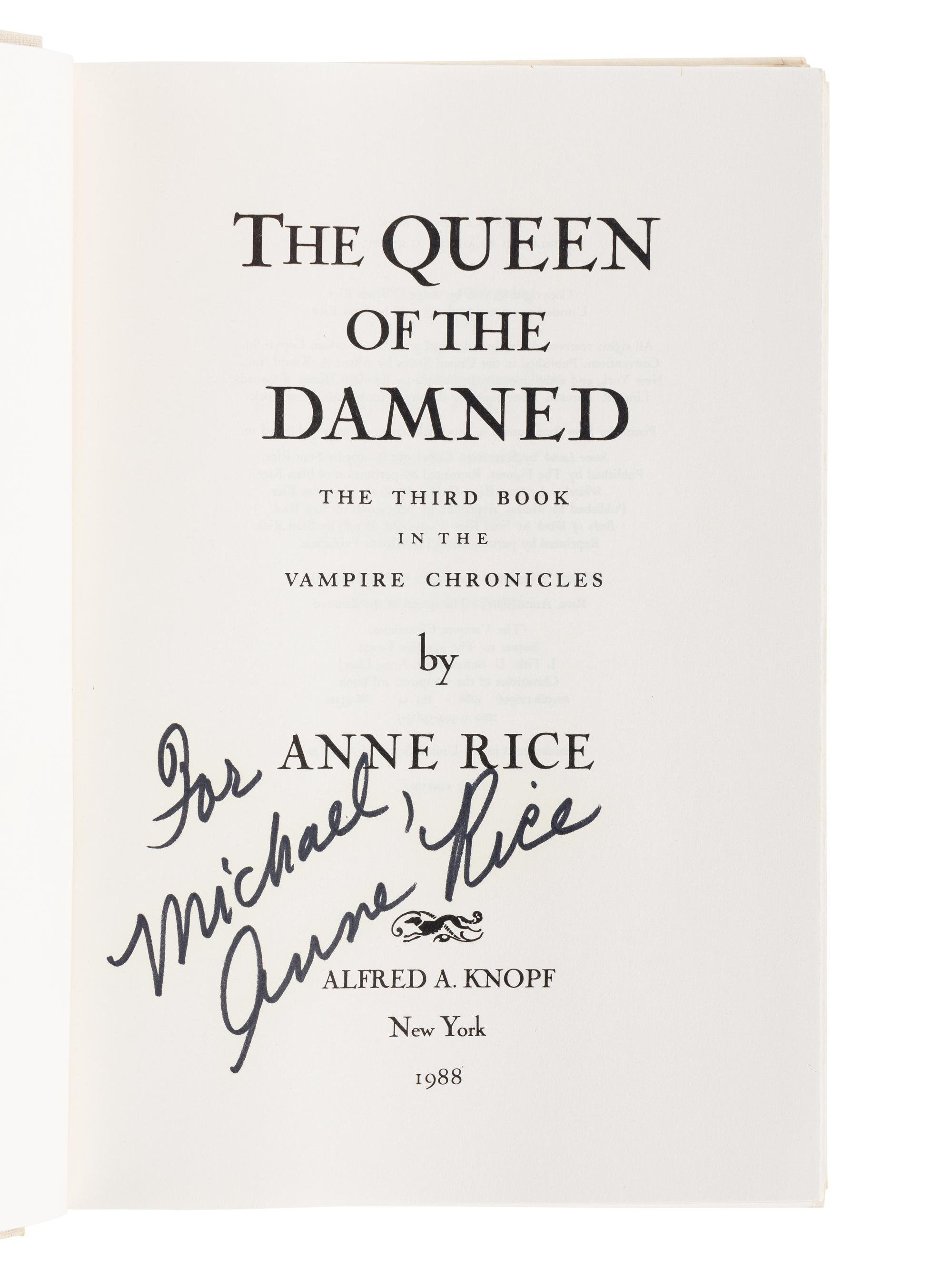 RICE, Anne (1941-2021). A group of 9 works from Rice’s The Vampire Chronicles series, MOST FIRST EDITION, ALL SIGNED OR INSCRIBED, comprising: