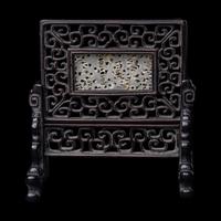 A Chinese White Jade Inset Hardwood Table Screen
