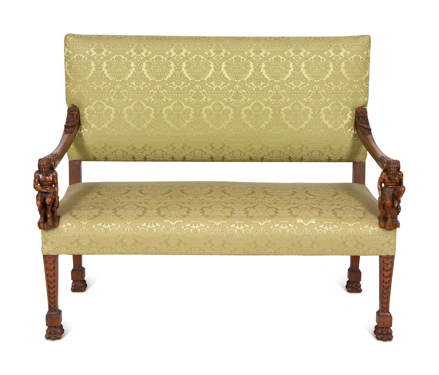 An Italian Carved Walnut Hall Bench with Scalamandré Upholstery