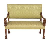 An Italian Carved Walnut Hall Bench with Scalamandré Upholstery