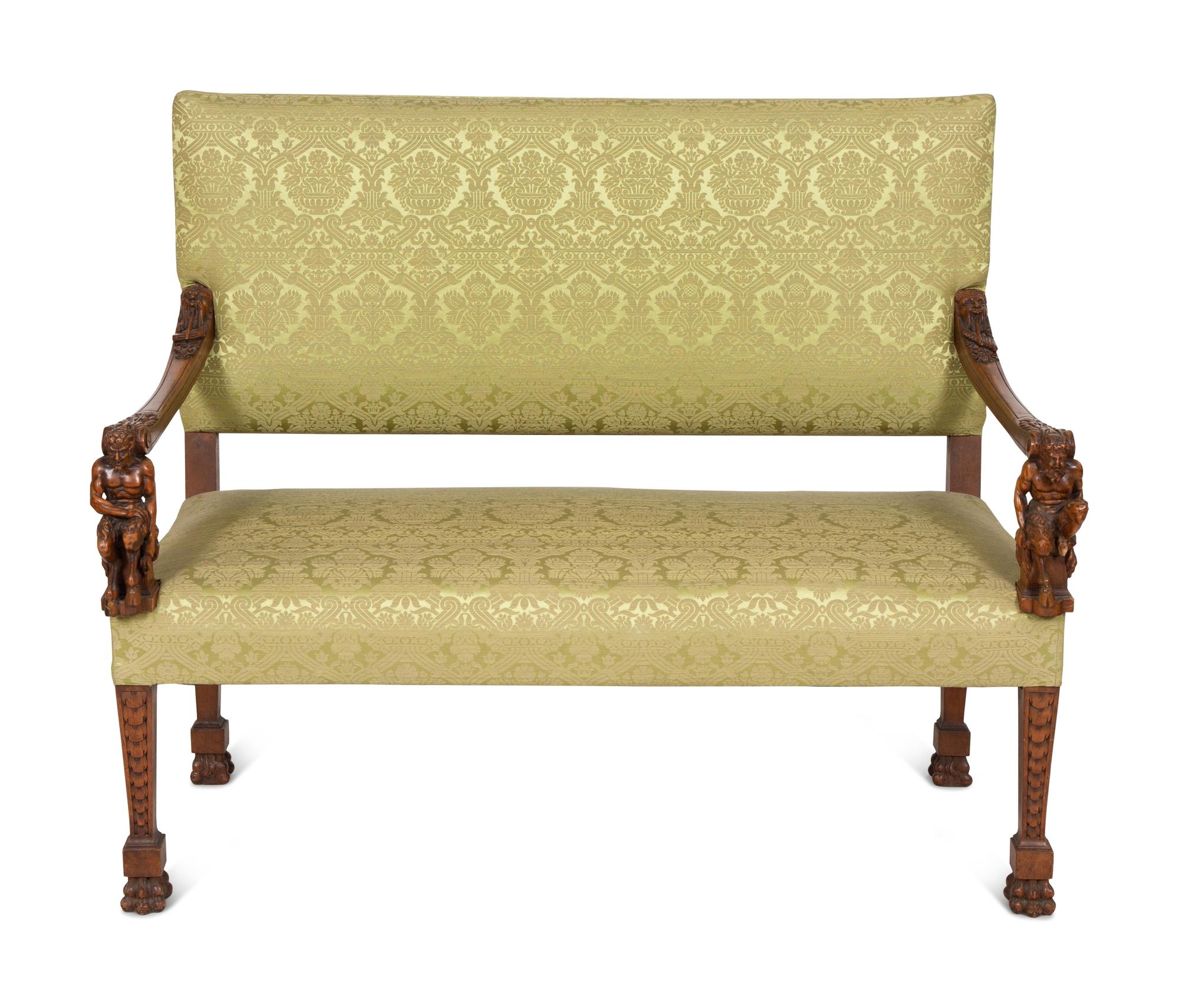 An Italian Carved Walnut Hall Bench with Scalamandré Upholstery