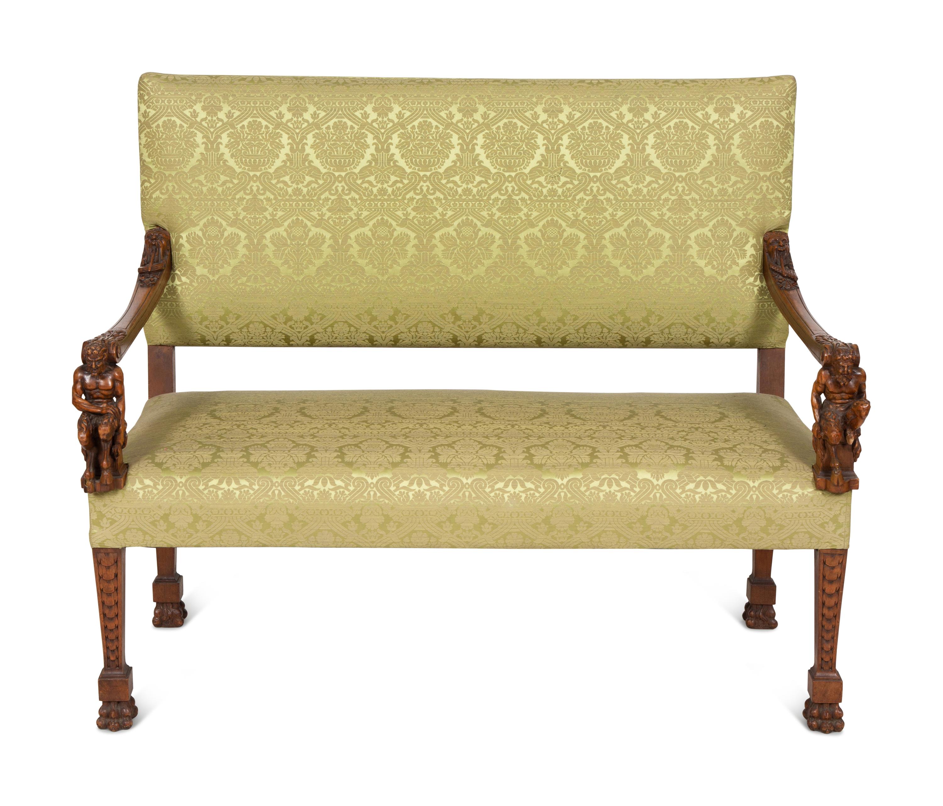 An Italian Carved Walnut Hall Bench with Scalamandré Upholstery