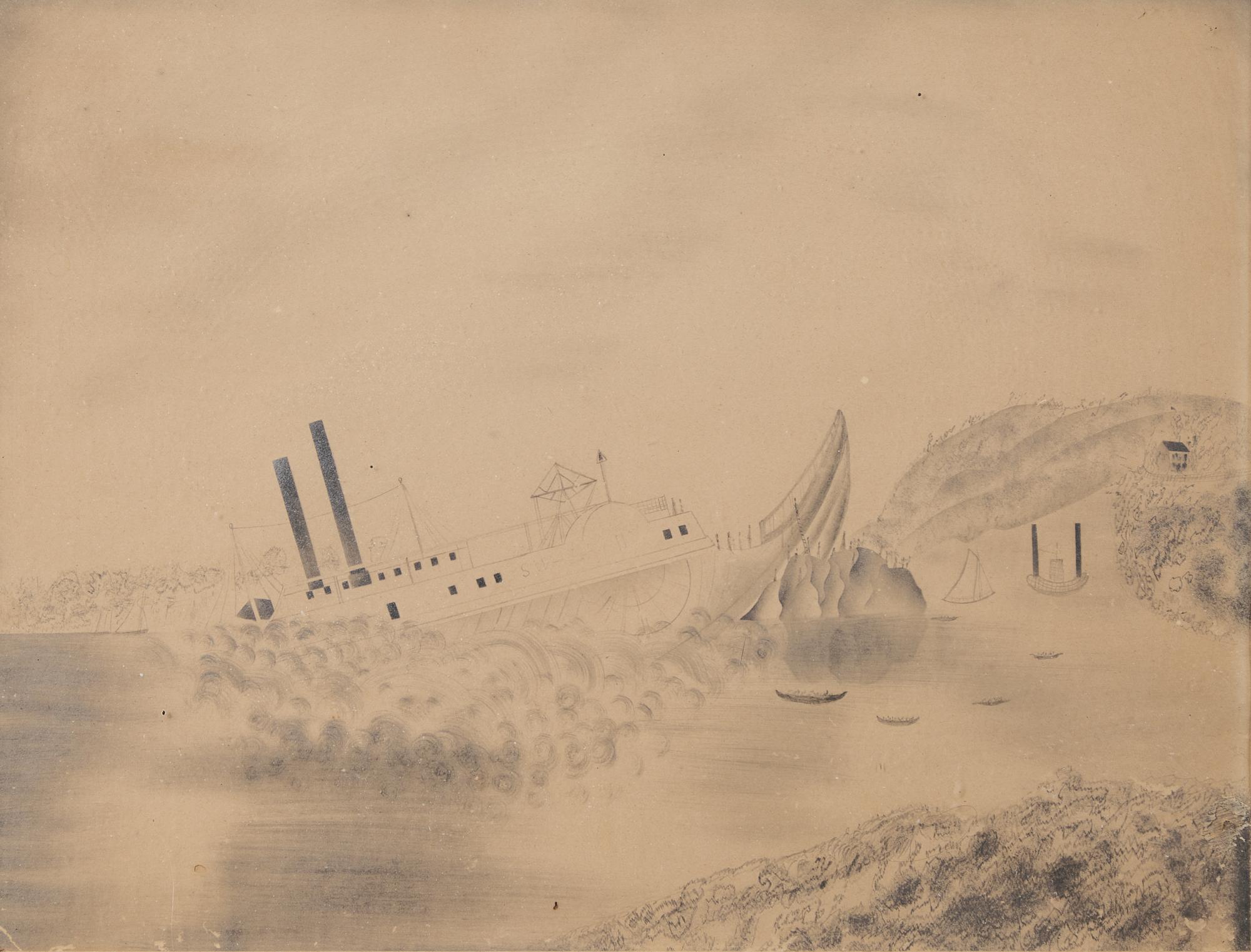 American School 19th Century, A Pencil Sketch Of A Paddle Steamer Shipwreck
