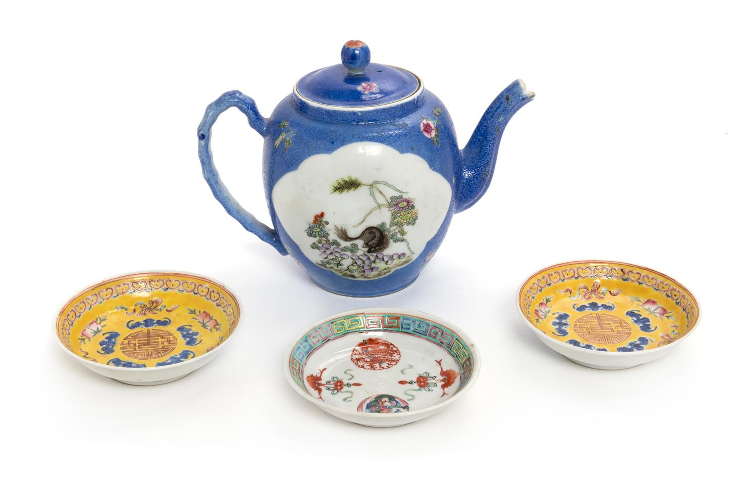 Four Chinese Famille Rose Porcelain Wares Height of teapot 5 3/4 inches. — LATE 19TH/20TH CENTURY