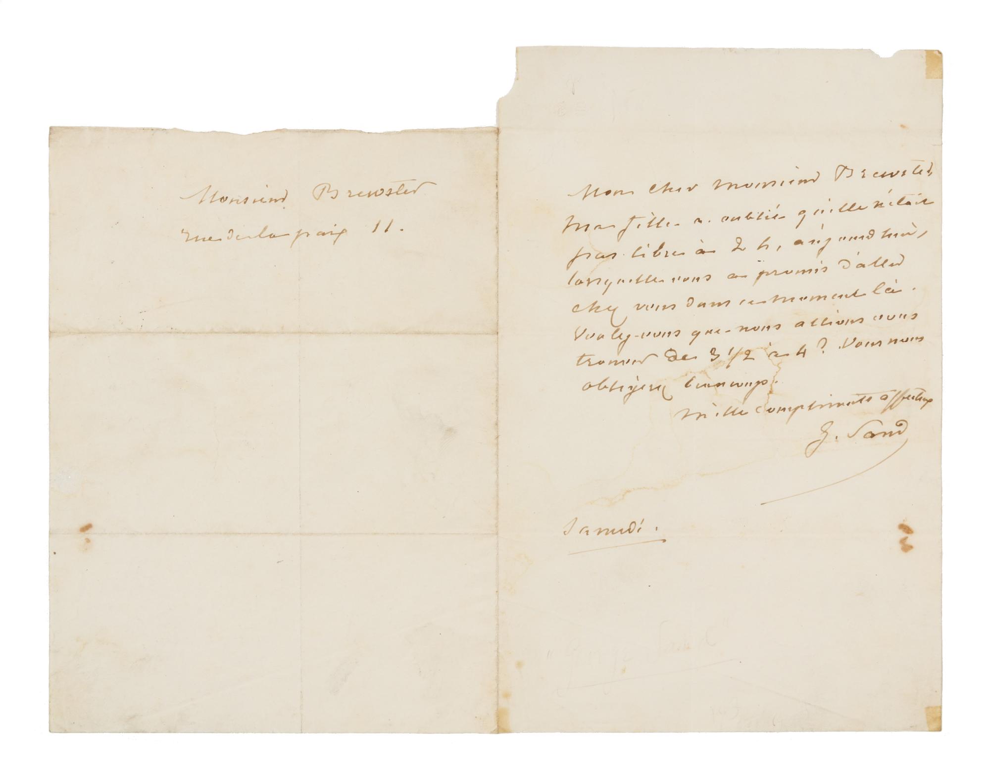 SAND, George (1804-1876). Autograph letter signed ("G. Sand"), in French, to Monsieur Brewster. N.p., n.d. ("Saturday").