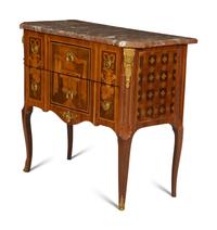 A Louis XV Gilt Bronze Mounted Marquetry Marble Top Commode