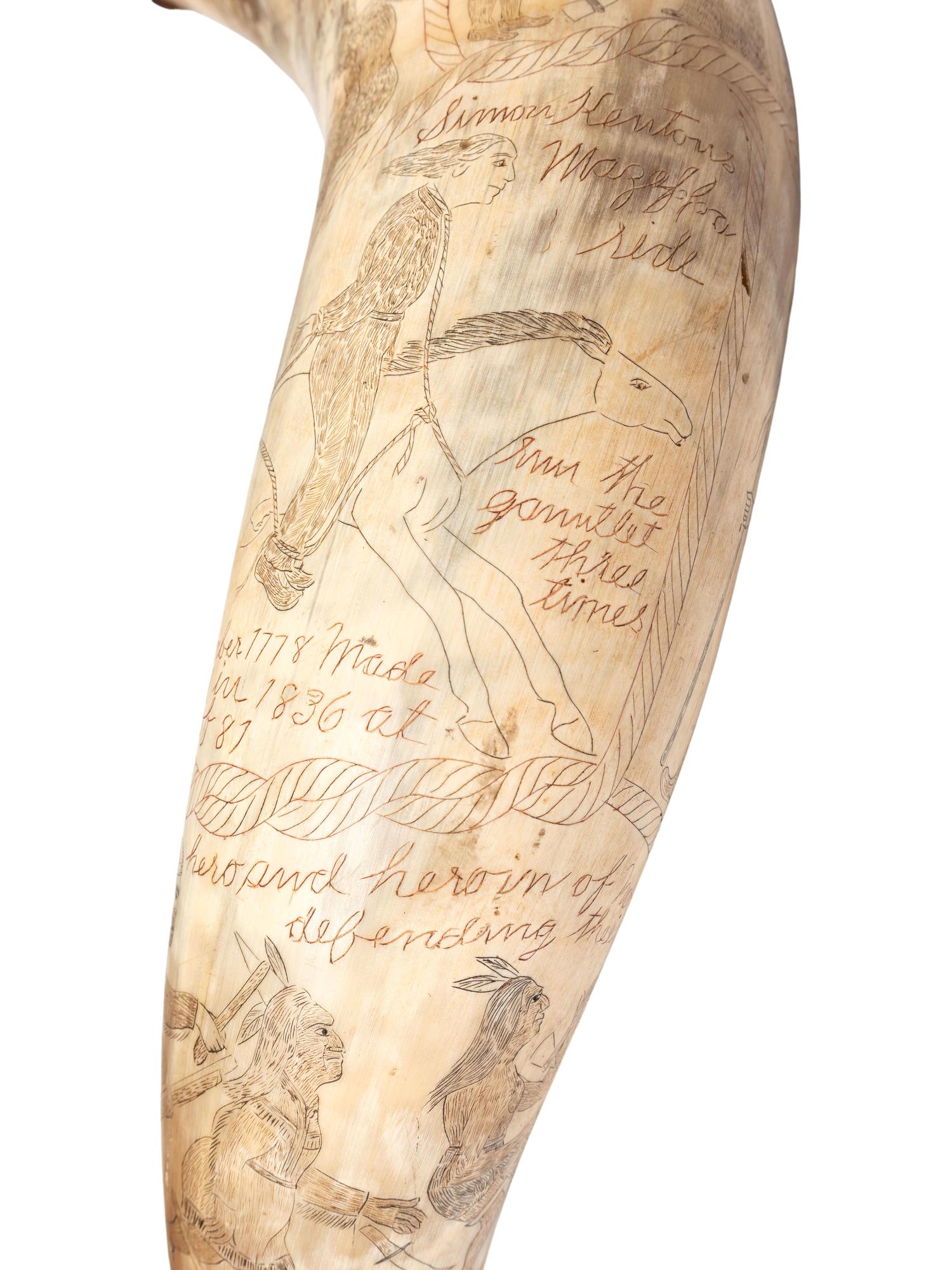 [OHIO VALLEY - 19TH CENTURY]. Decorative scrimshawed "story horn" depicting the " deeds of daring of both heroe and heroein of the 18th century in paveing the way to civilization ," including Daniel Boone, Simon Kenton, and Colonel William.