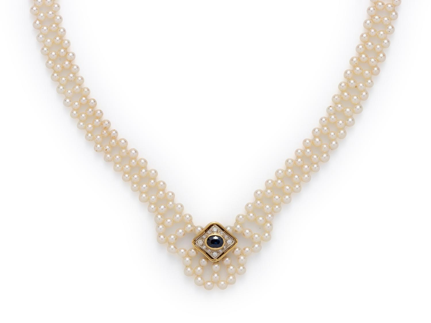 CULTURED PEARL, SAPPHIRE AND DIAMOND NECKLACE