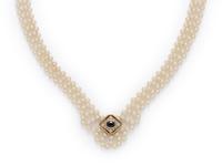 CULTURED PEARL, SAPPHIRE AND DIAMOND NECKLACE