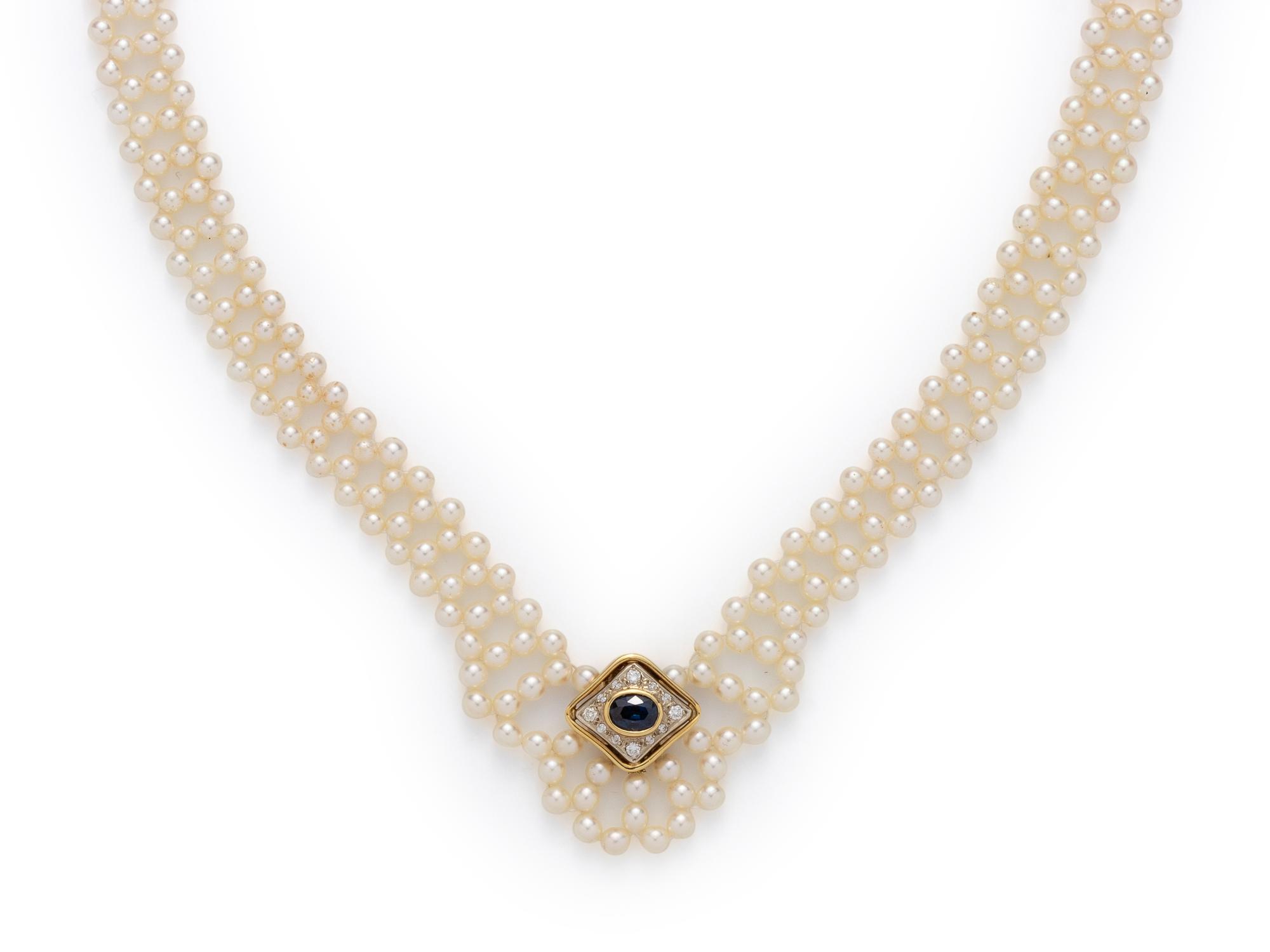 CULTURED PEARL, SAPPHIRE AND DIAMOND NECKLACE