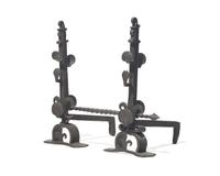 A Pair of Wrought Iron Andirons with Crossbar