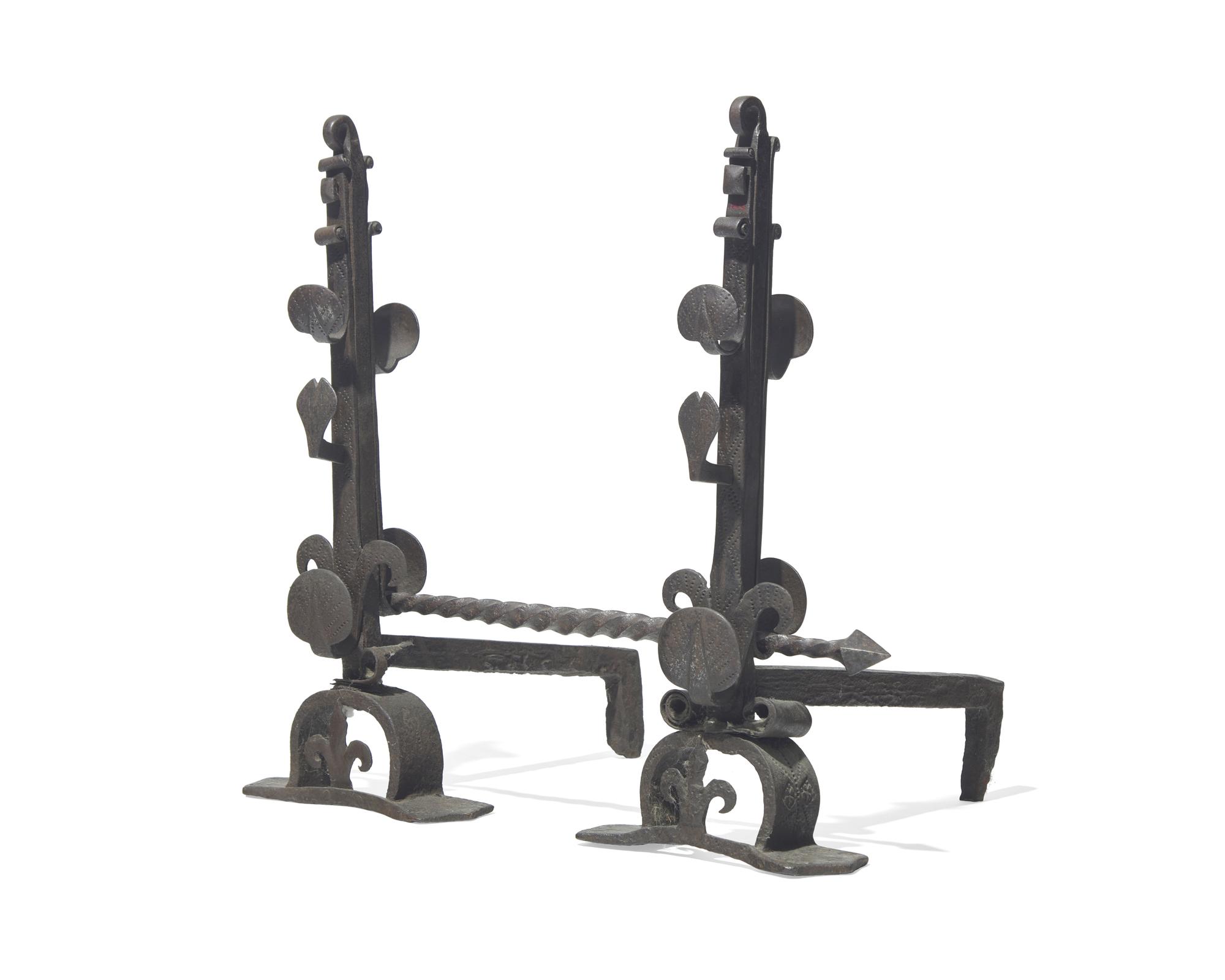 A Pair of Wrought Iron Andirons with Crossbar