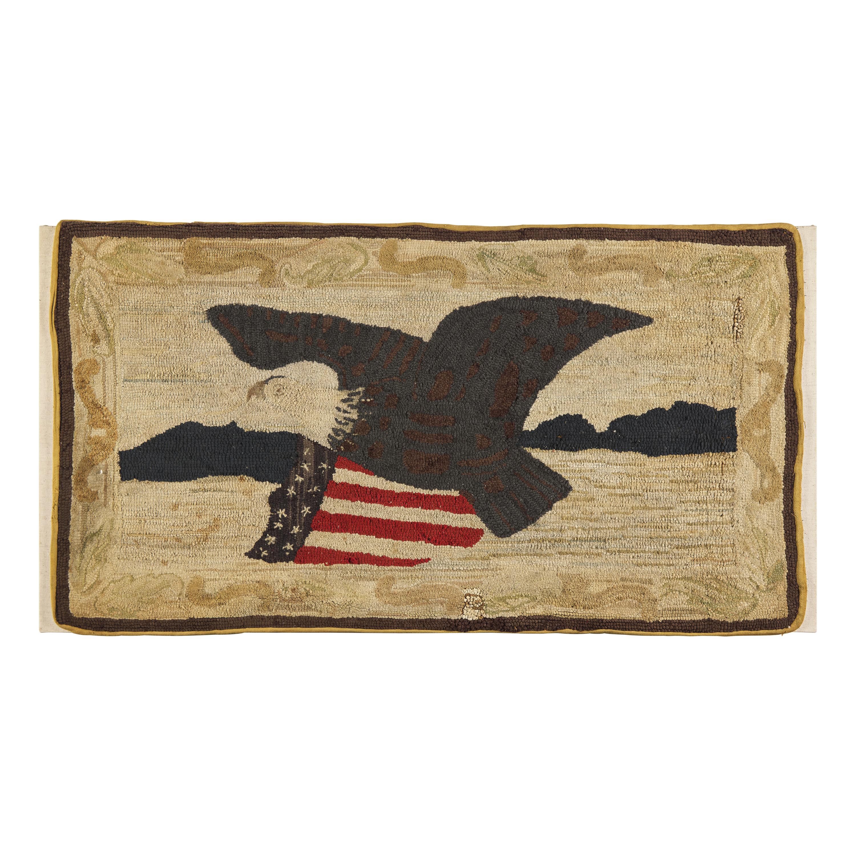 A Hooked Rug Depicting an American Eagle and Patriotic Shield