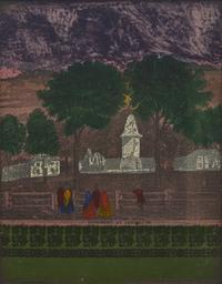 A Reverse Glass Printed and Painted Picture of the Revolutionary War Monument in Lexington, Massachusetts