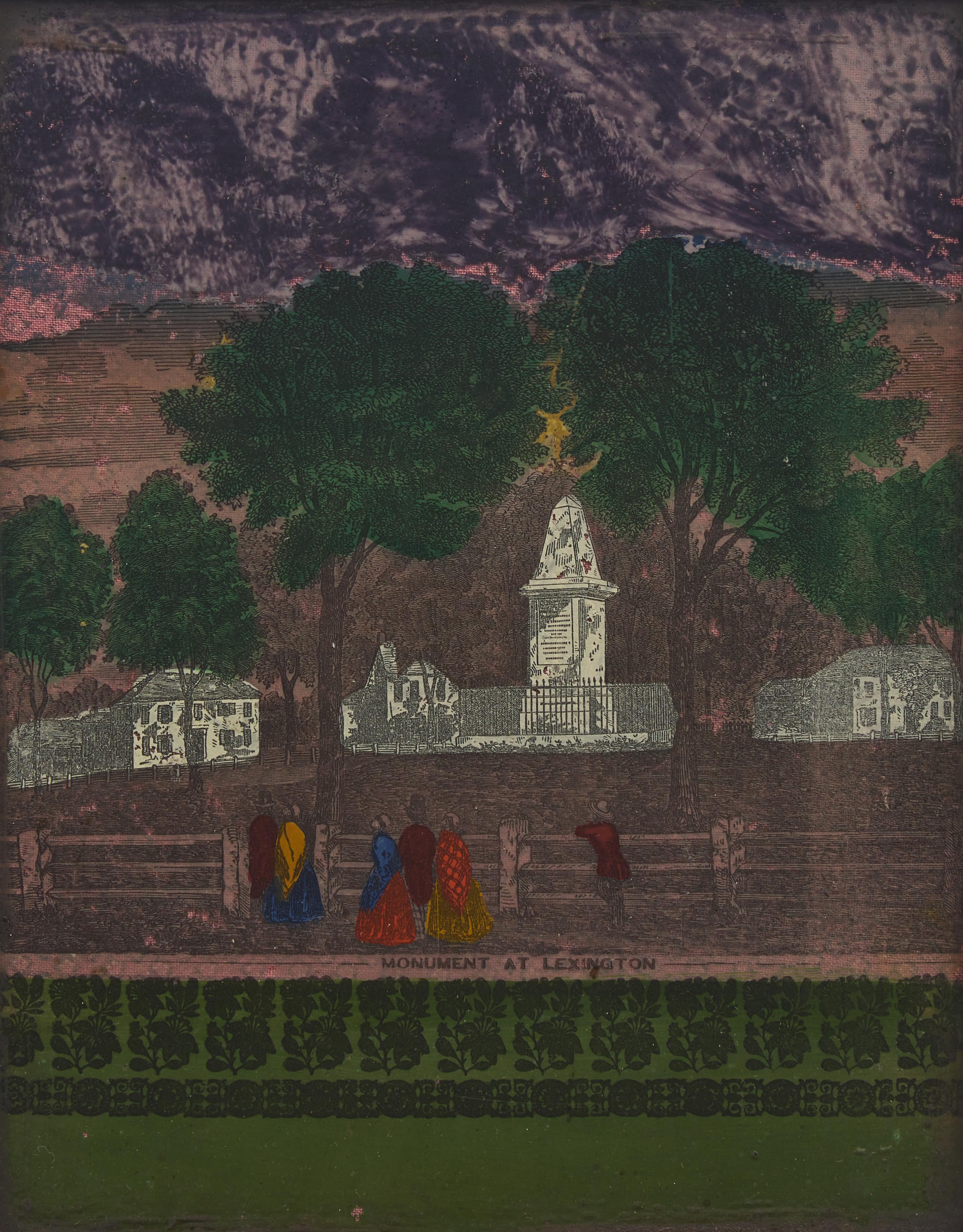 A Reverse Glass Printed and Painted Picture of the Revolutionary War Monument in Lexington, Massachusetts