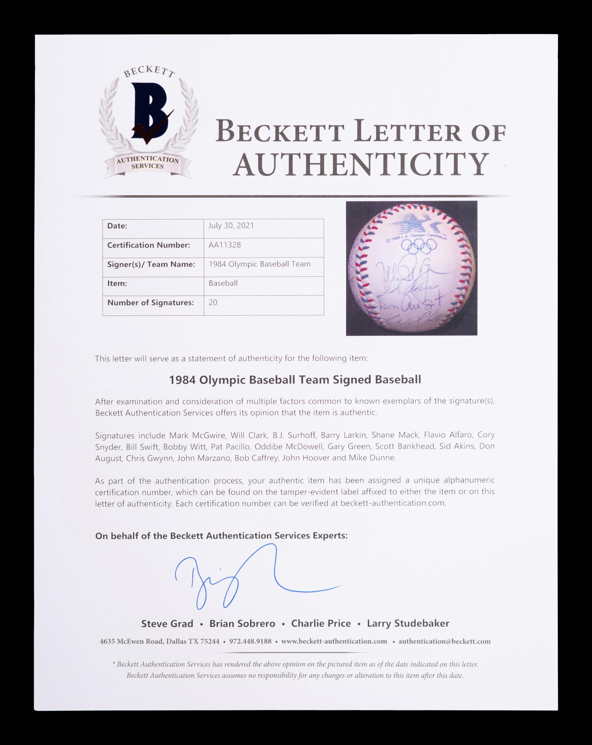 A 1984 United States Olympic Team Signed Baseball Including Mark McGwire (BAS Beckett Authentication Services Certified),