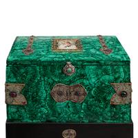A Large Jeweled Malachite and Gilt Bronze Mounted Box on Stand