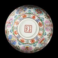 A Chinese Famille Rose Porcelain Bowl with 'Baragon Tumed' Marks in Mongolian Script, Daoguang Period — 清道光 粉彩七政寳紋碗 礬紅蒙文款