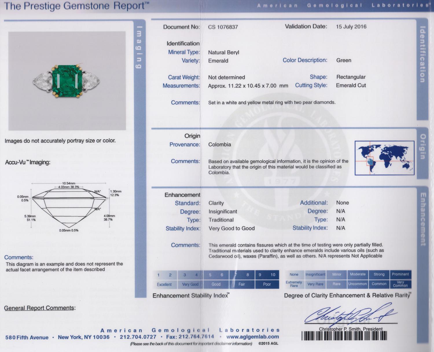 A Fine Platinum, Yellow Gold, Colombian Emerald and Diamond Ring, 4.20 dwts.