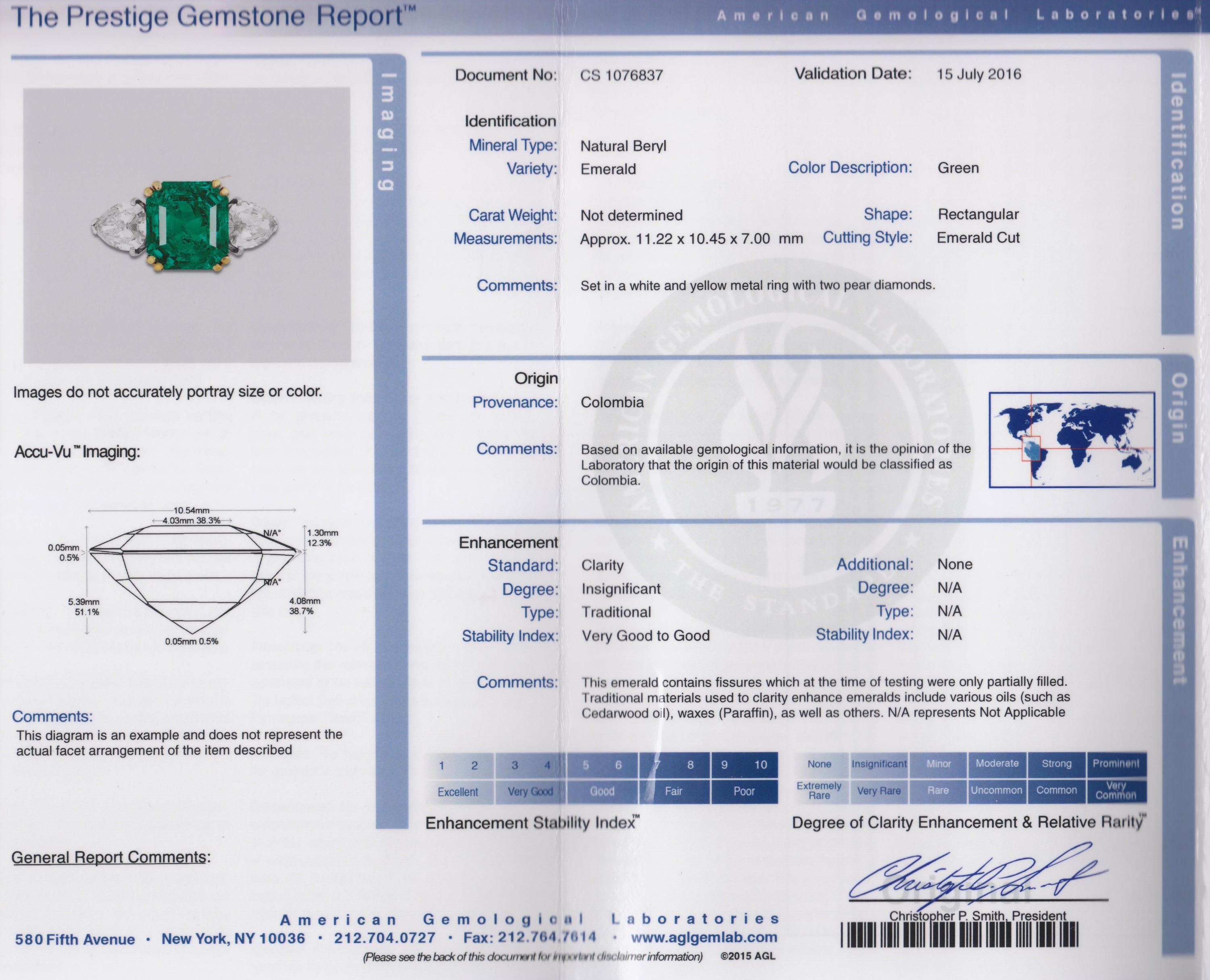 A Fine Platinum, Yellow Gold, Colombian Emerald and Diamond Ring, 4.20 dwts.