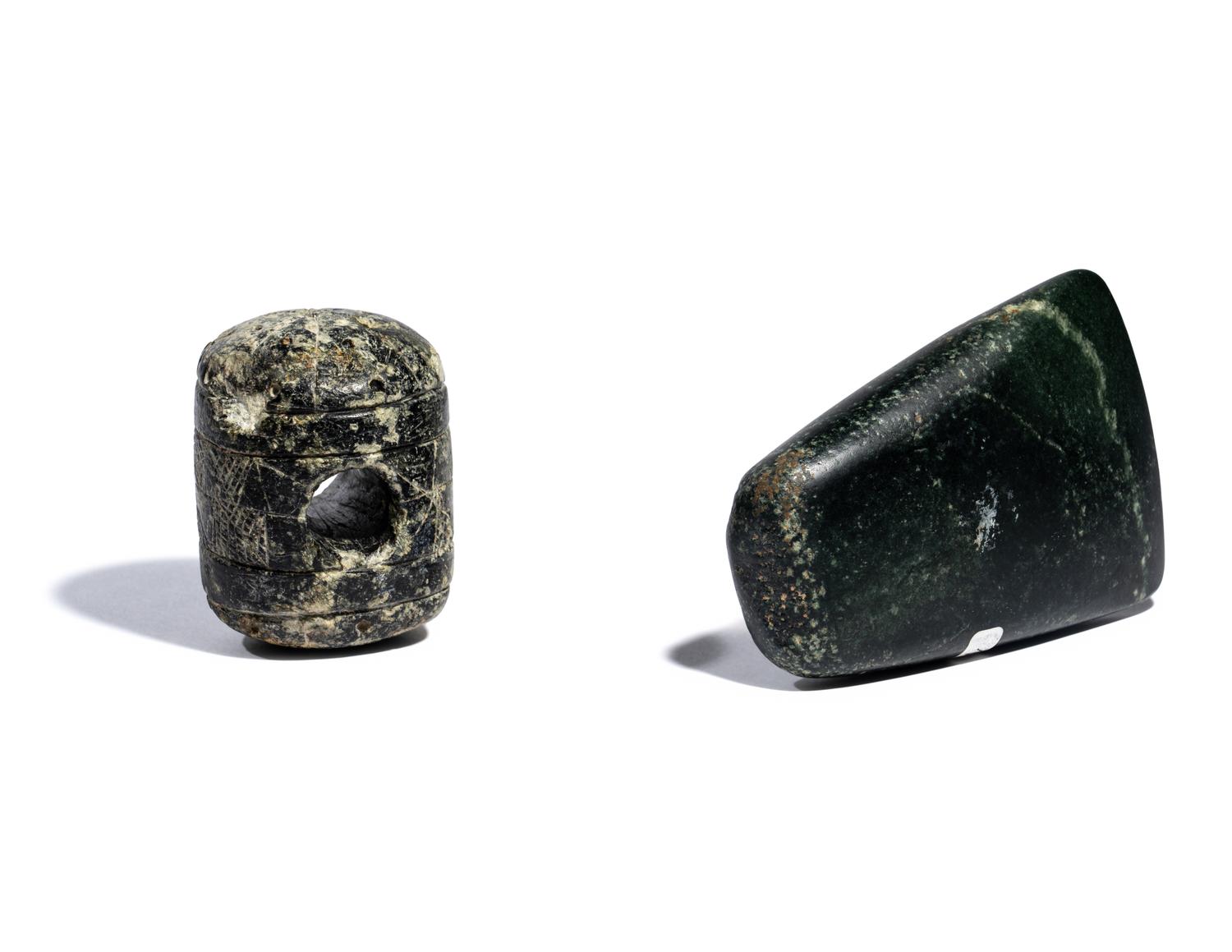 Two Near Eastern Stone Tools — An engraved macehead and axehead