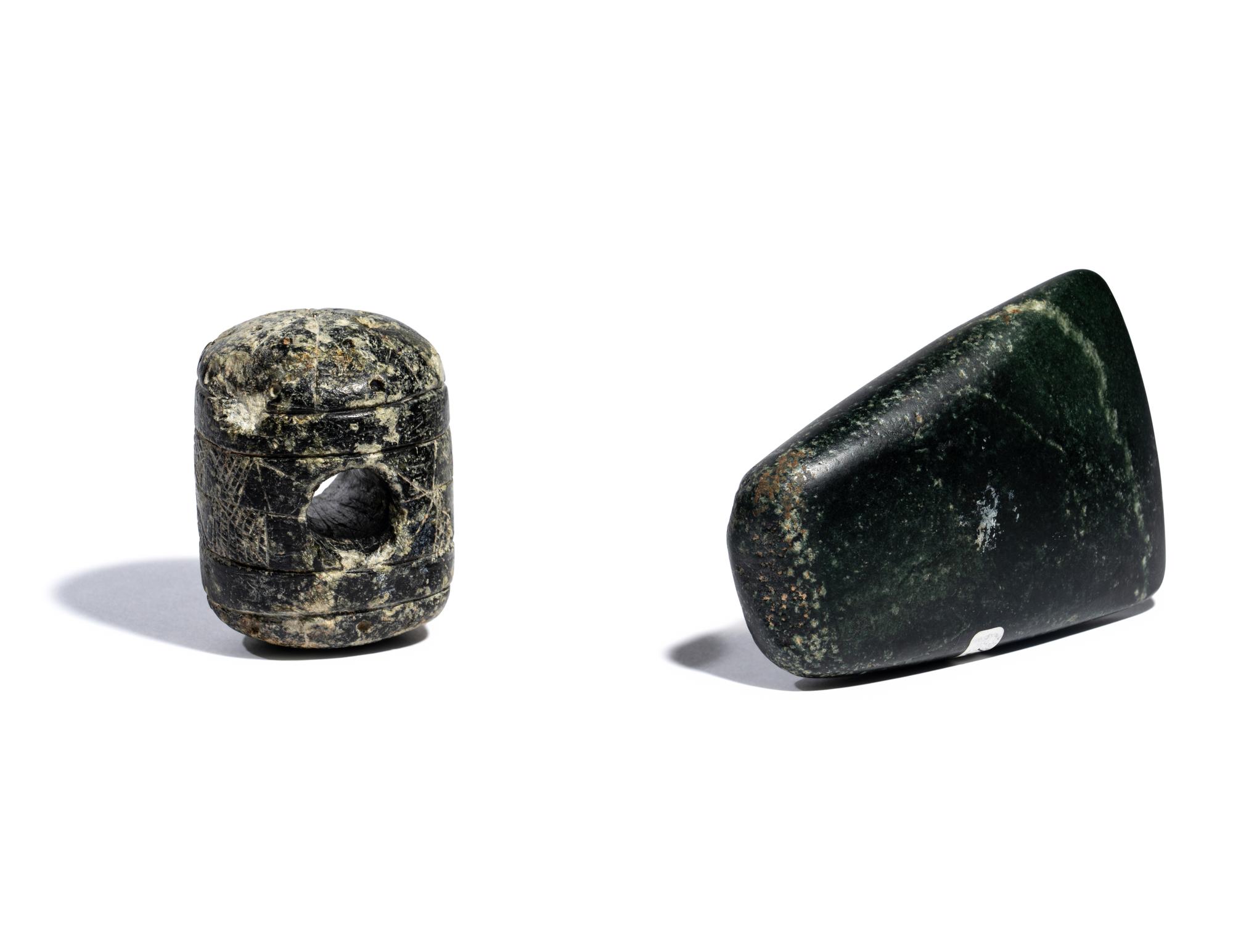Two Near Eastern Stone Tools — An engraved macehead and axehead