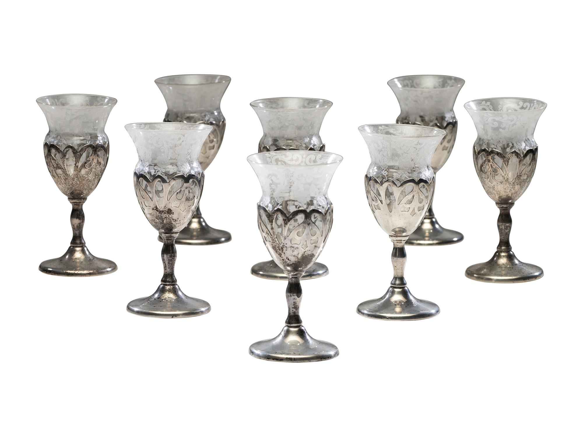 A Set of Val St Lambert Crystal Bowls and Silver Mounted Cordials