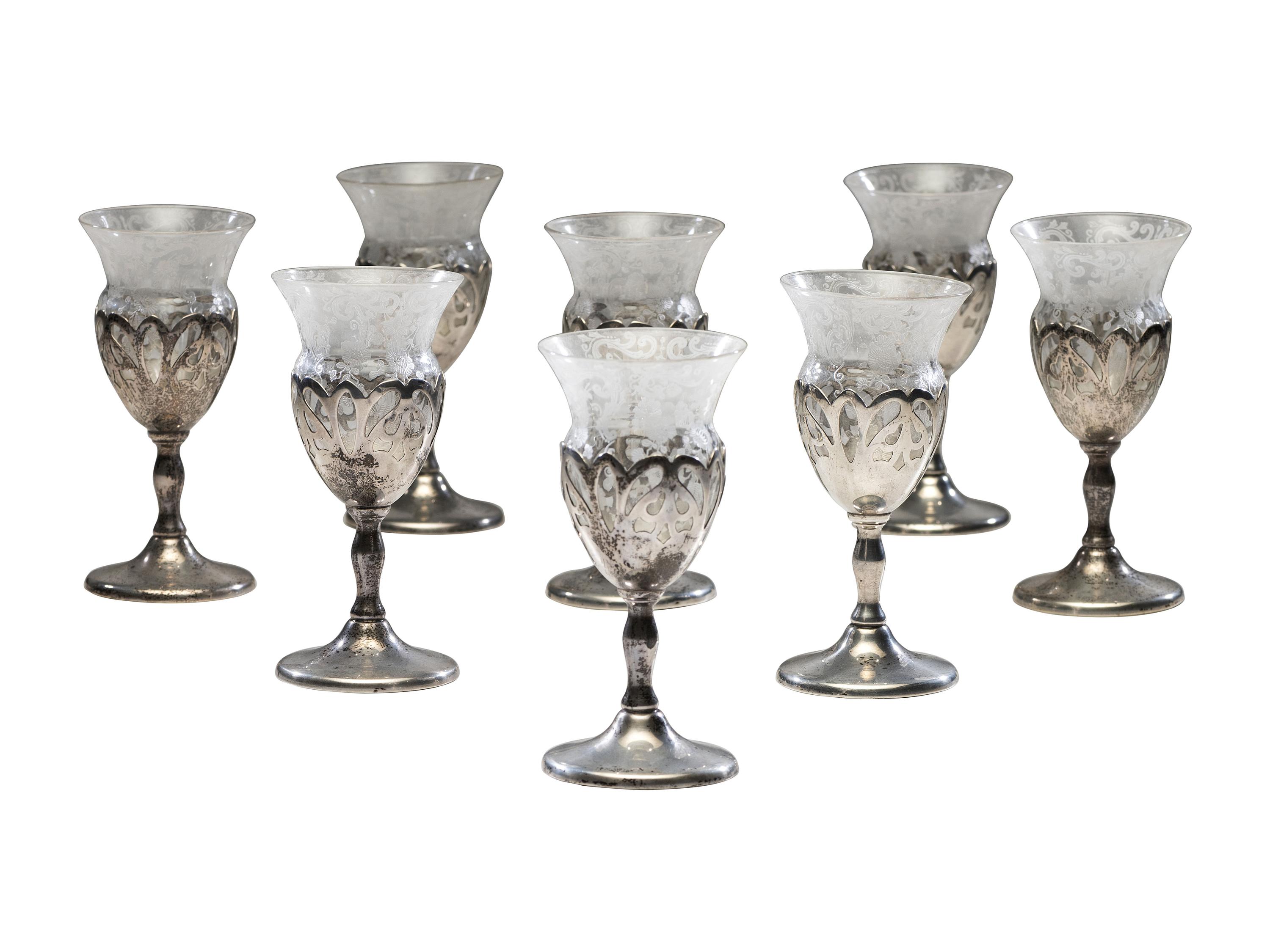 A Set of Val St Lambert Crystal Bowls and Silver Mounted Cordials