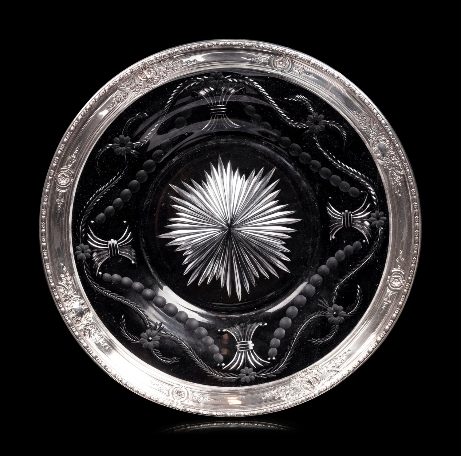 An American Silver Mounted Etched Glass Tray