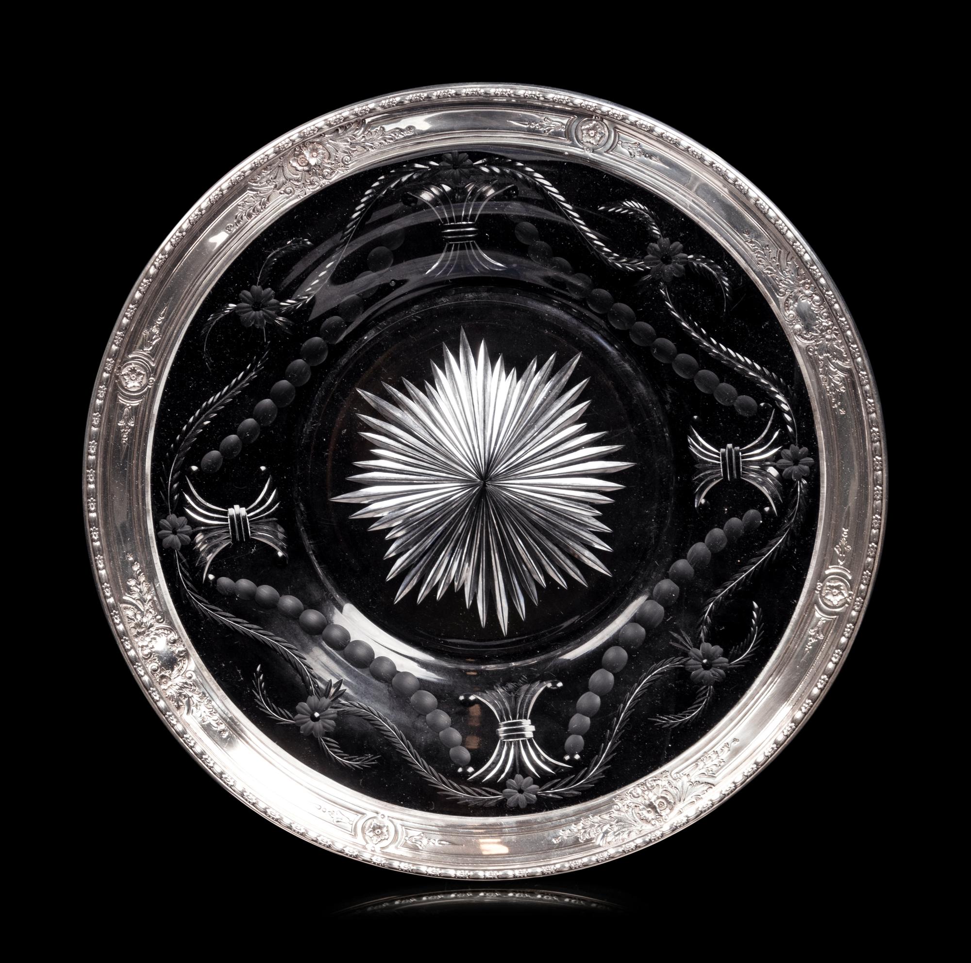 An American Silver Mounted Etched Glass Tray