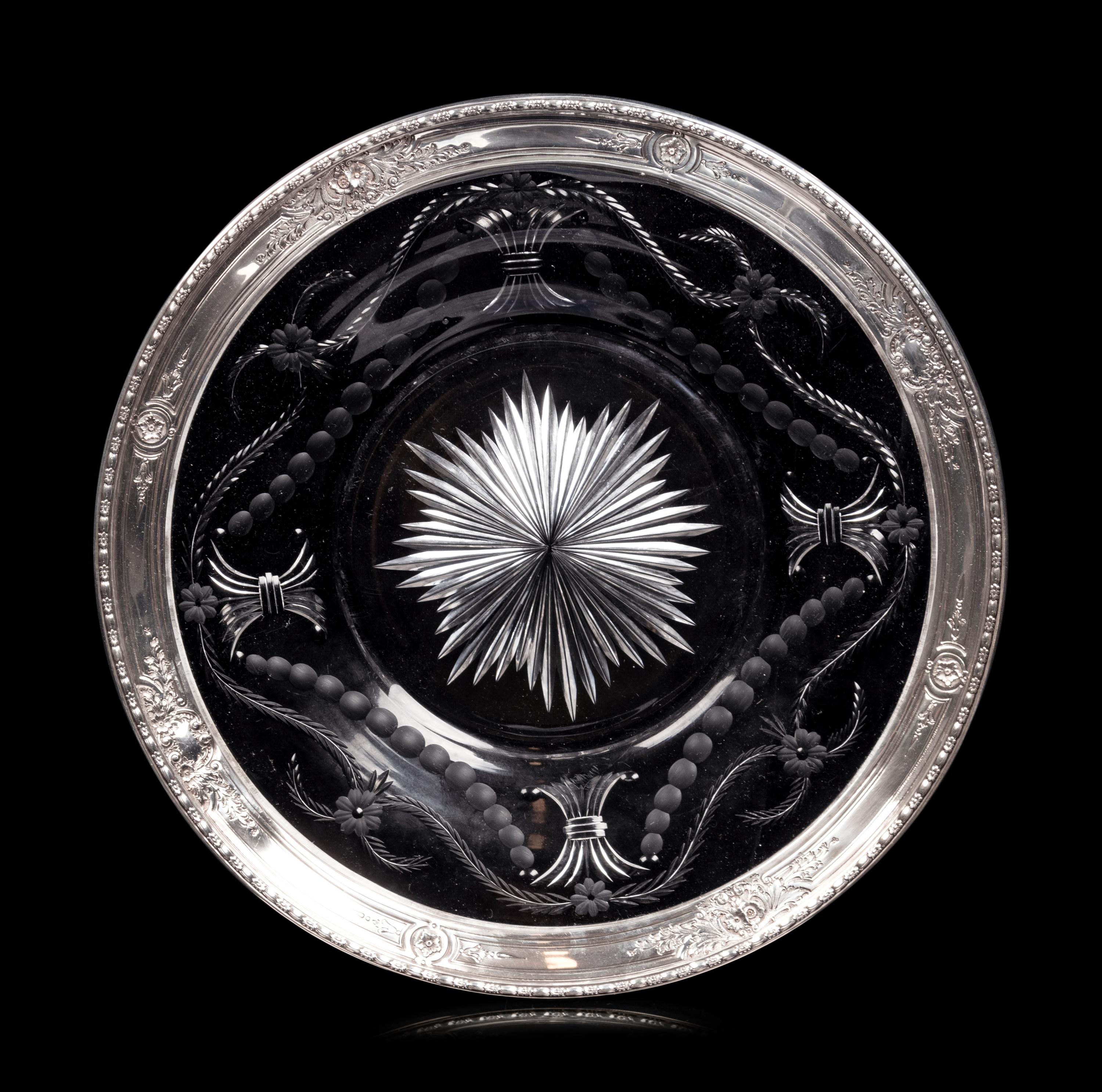 An American Silver Mounted Etched Glass Tray