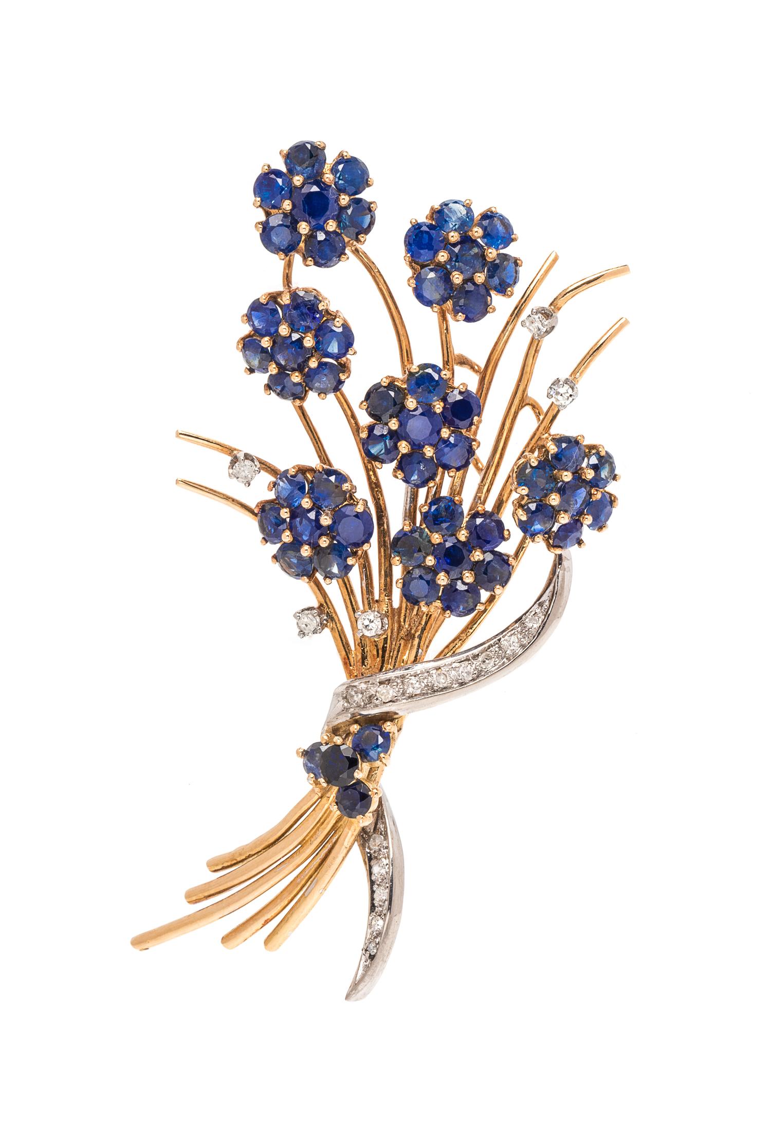 An 18 Karat Bicolor Gold, Diamond and Sapphire Floral Motif Brooch, J. Rossi,