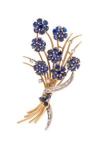 An 18 Karat Bicolor Gold, Diamond and Sapphire Floral Motif Brooch, J. Rossi,