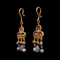 A Pair of Byzantine Gold Earrings with Garnet, Pearl and Chalcedony Elements