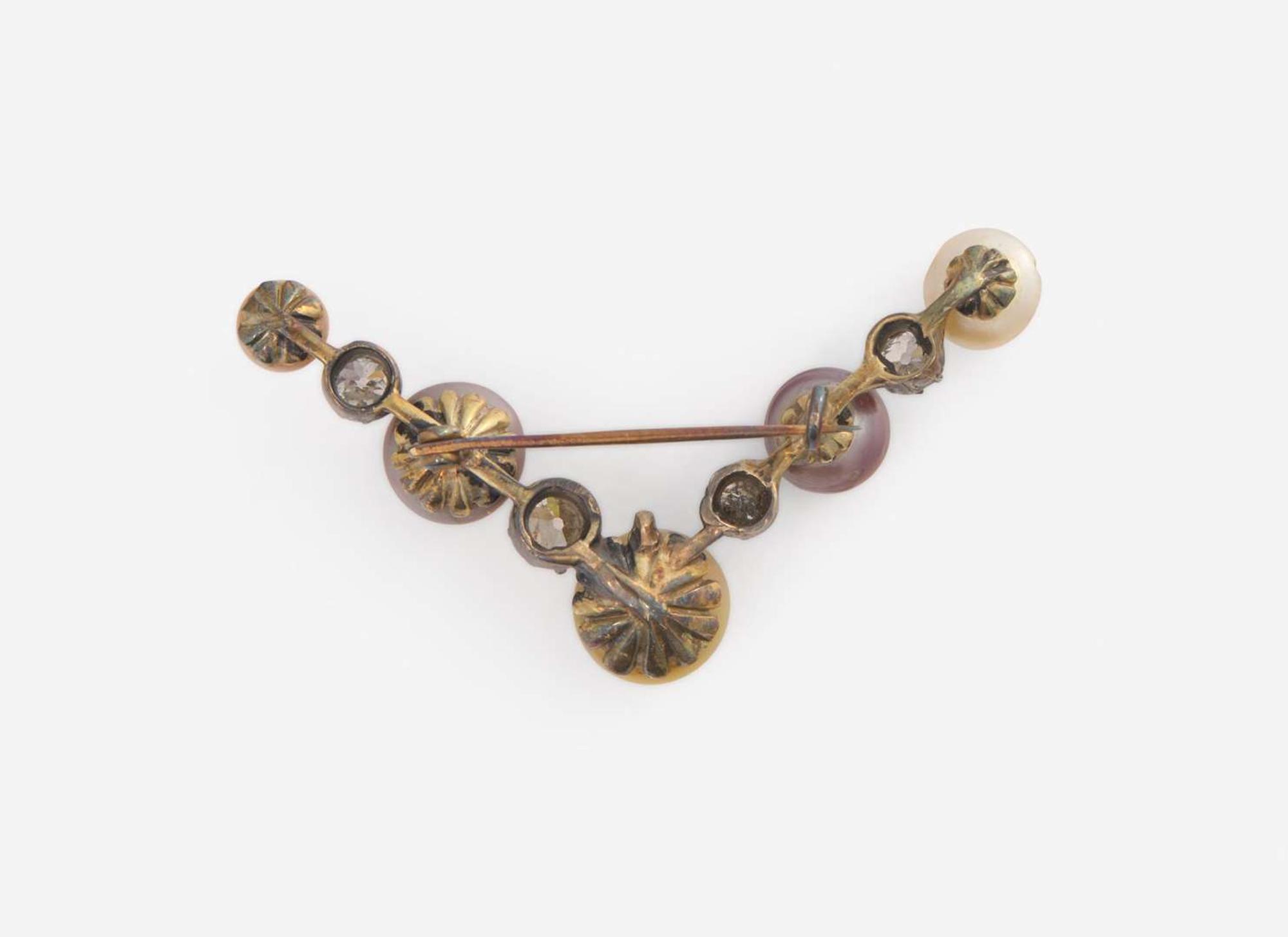 A Silver-Topped 14K Gold, Pearl, and Diamond Brooch