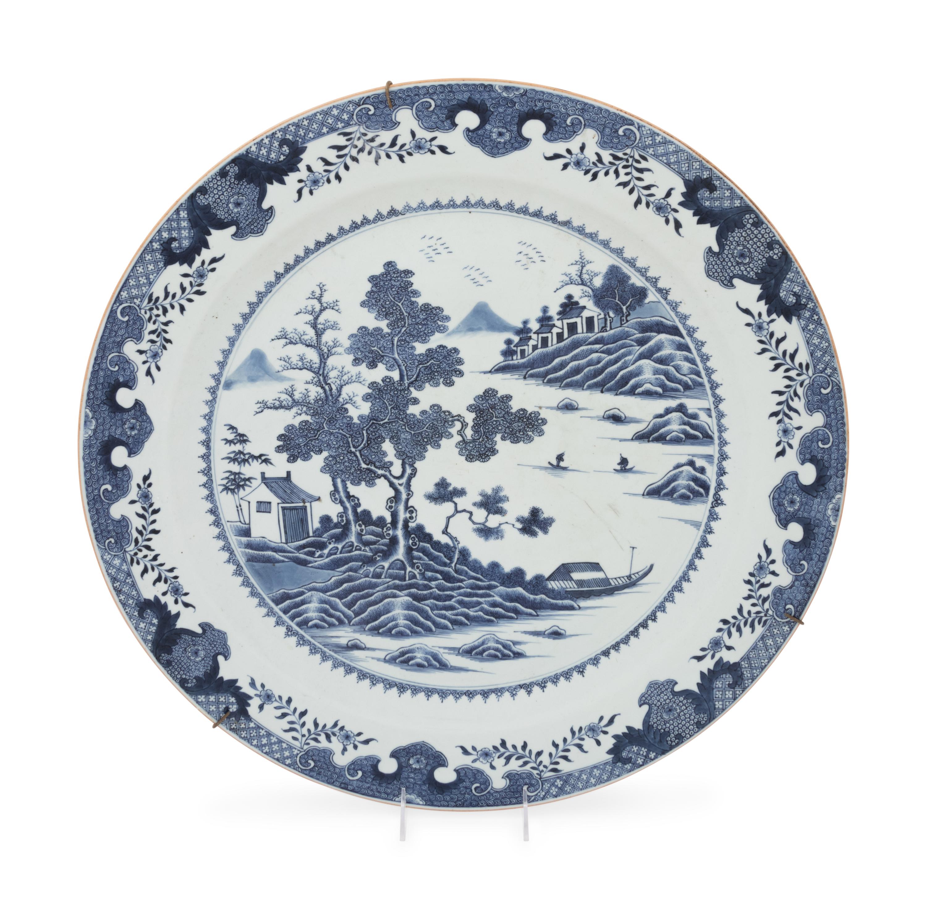 A Large Chinese Export Blue and White Porcelain 'Landscape' Charger
