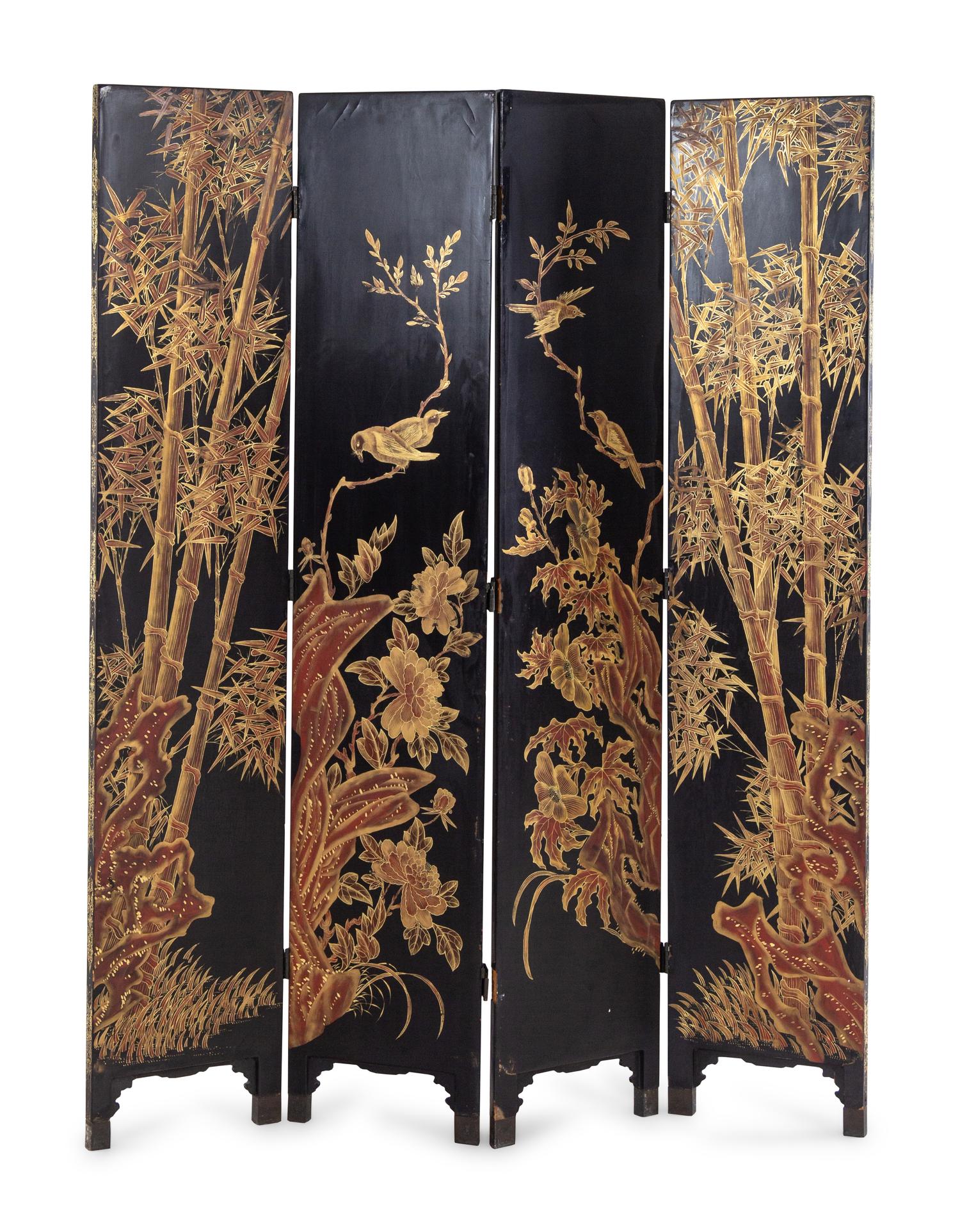 A Japanese Black-Lacquered and Parcel-Gilt Four-Panel Floor Screen