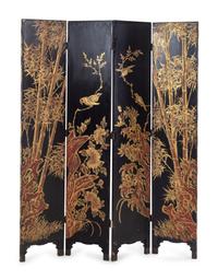 A Japanese Black-Lacquered and Parcel-Gilt Four-Panel Floor Screen