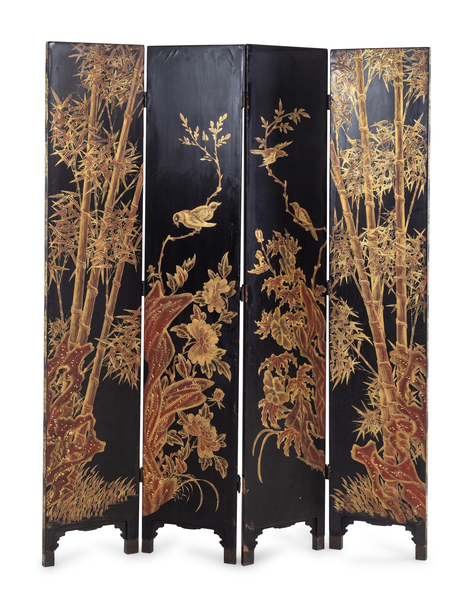 A Japanese Black-Lacquered and Parcel-Gilt Four-Panel Floor Screen