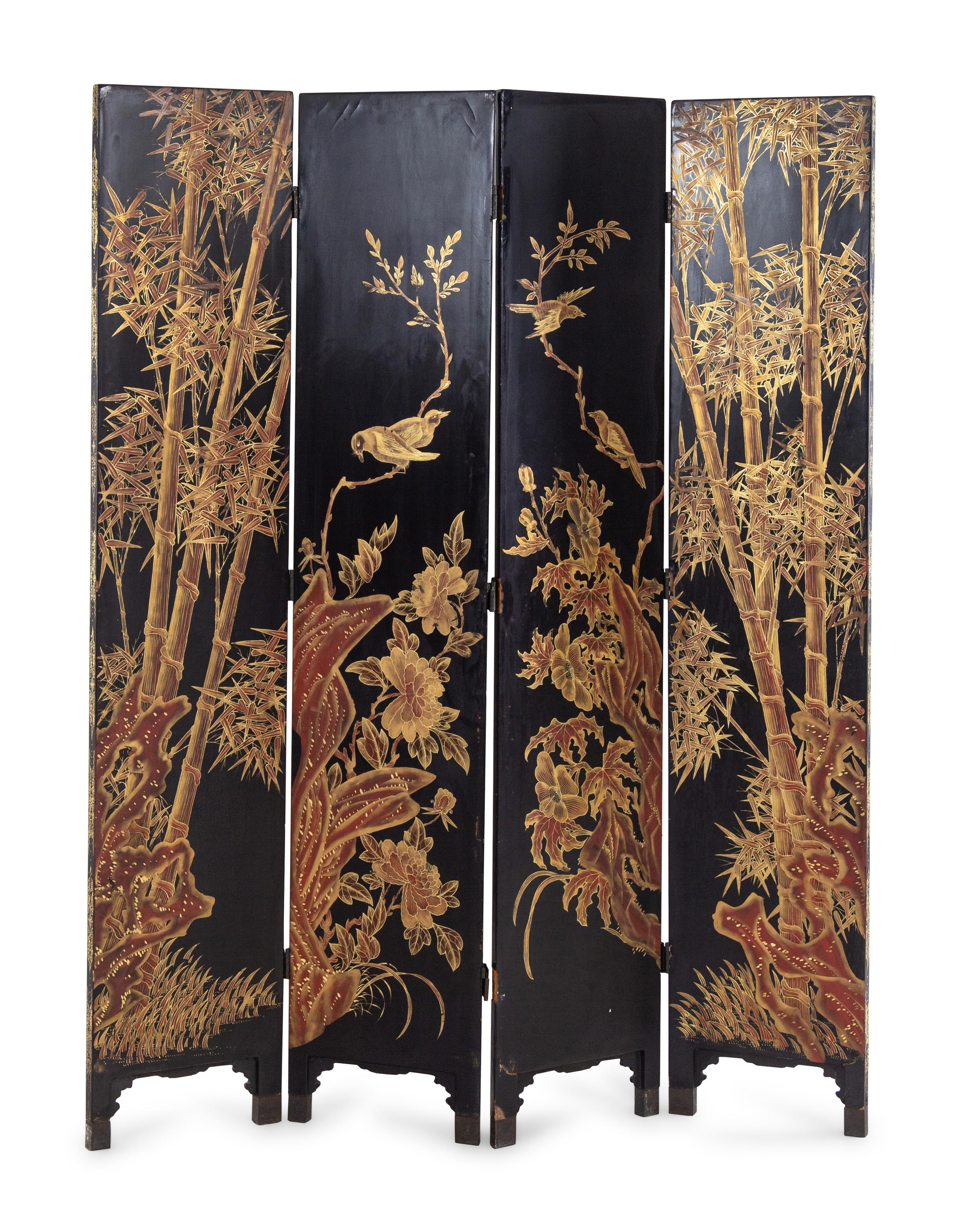 A Japanese Black-Lacquered and Parcel-Gilt Four-Panel Floor Screen
