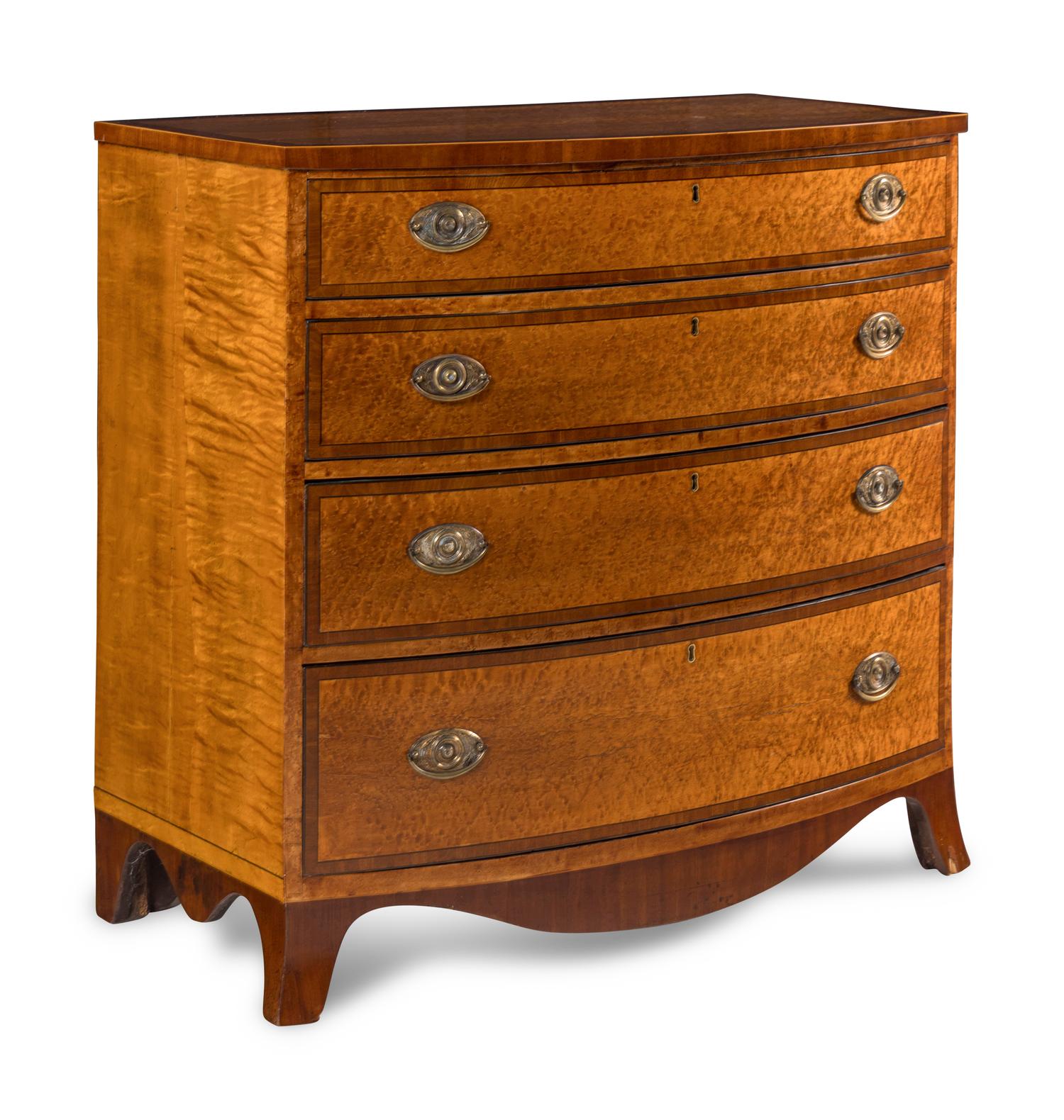 A George III Maple, Satinwood and Mahogany Bowfront Chest of Drawers