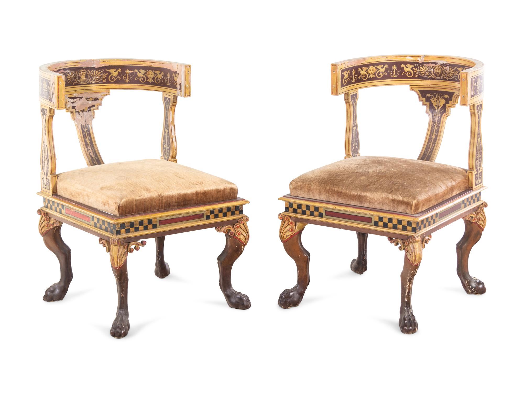 A Pair of Italian Neoclassical Painted Klismos Style Chairs