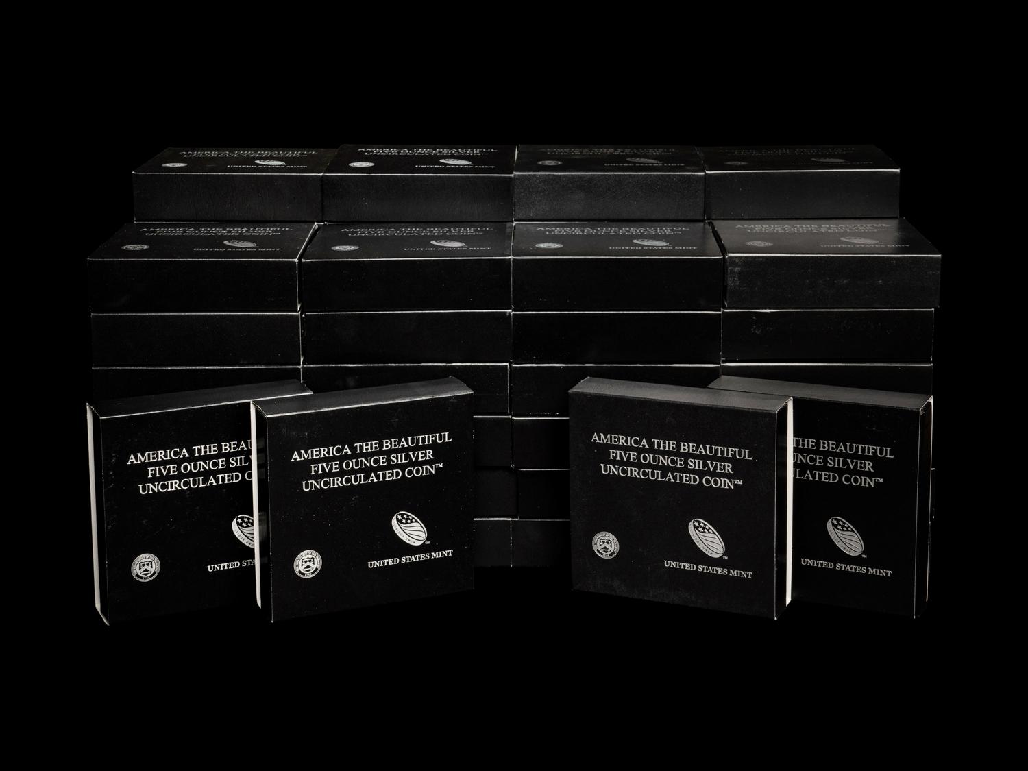 A Collection of Fifty-Six America the Beautiful 5 oz. Silver Rounds