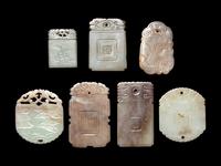 Seven Chinese Celadon Jade Carved Plaques