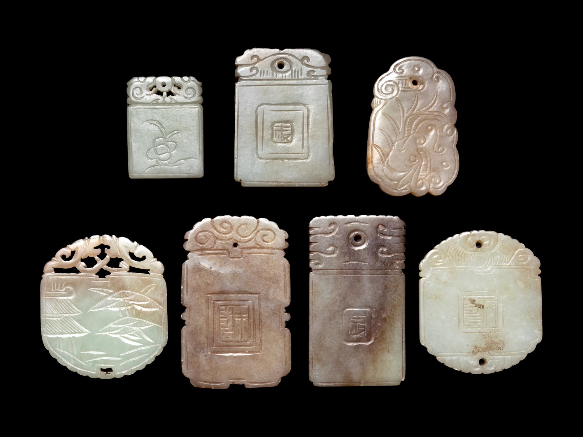 Seven Chinese Celadon Jade Carved Plaques
