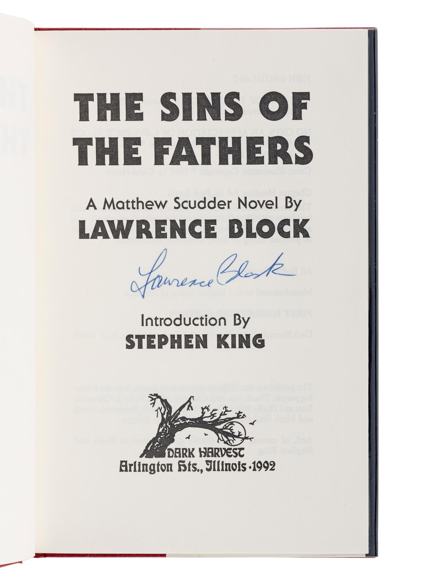 BLOCK, Lawrence (b. 1938). The Sins of the Fathers. Arlington Heights, IL: Dark Harvest, 1992.