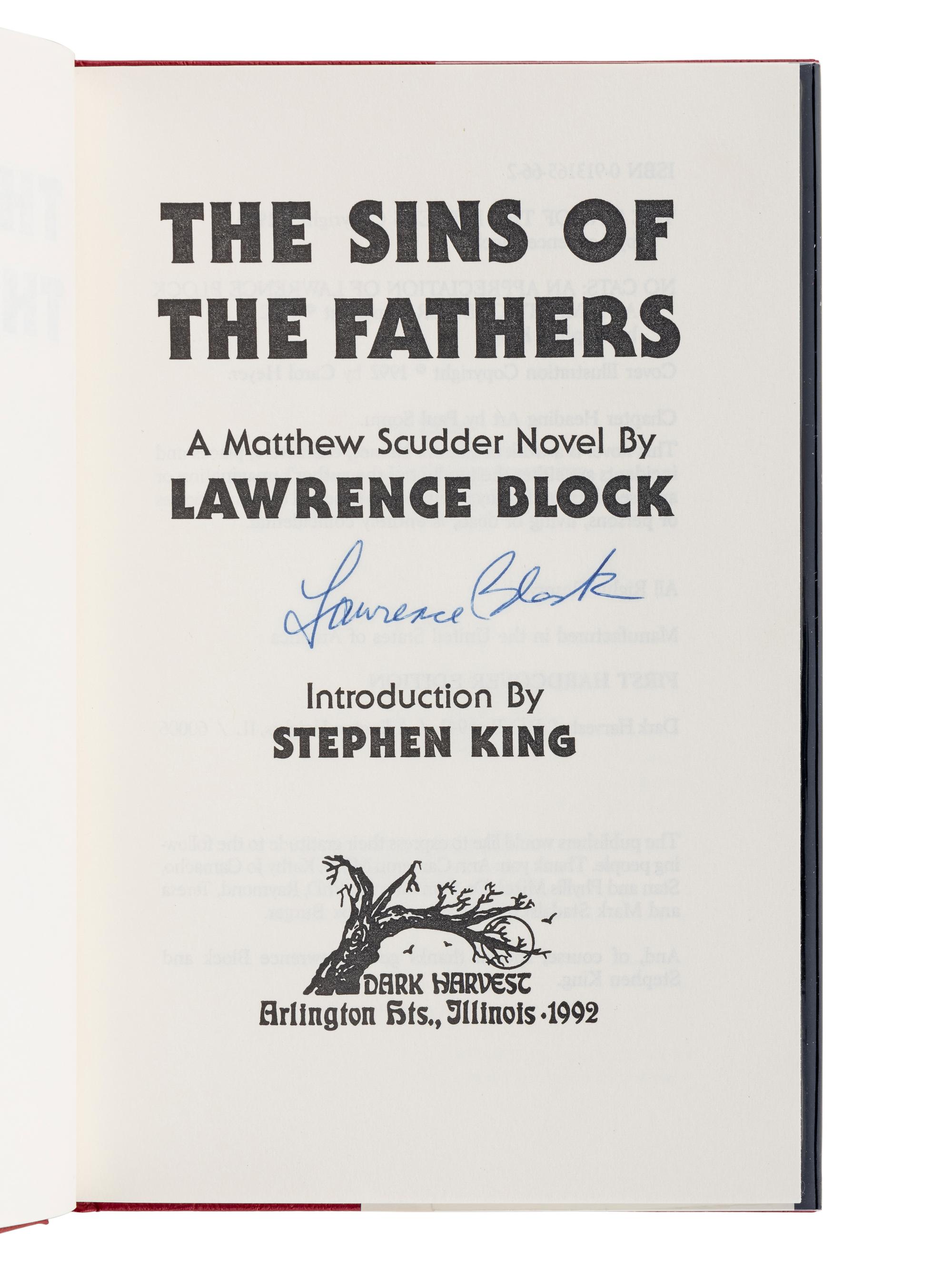BLOCK, Lawrence (b. 1938). The Sins of the Fathers. Arlington Heights, IL: Dark Harvest, 1992.